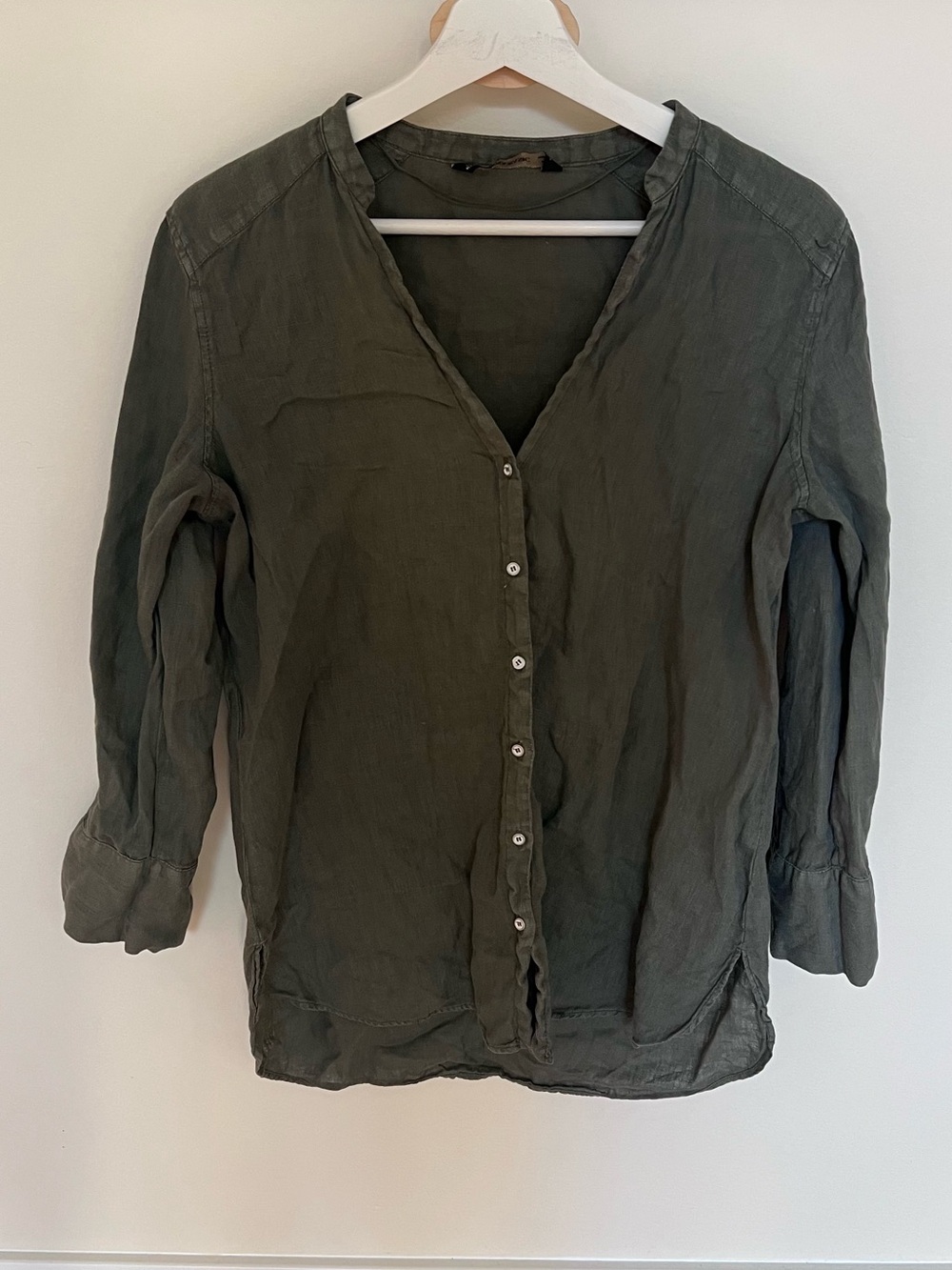 Zara Olive Green Button-Front Linen Shirt